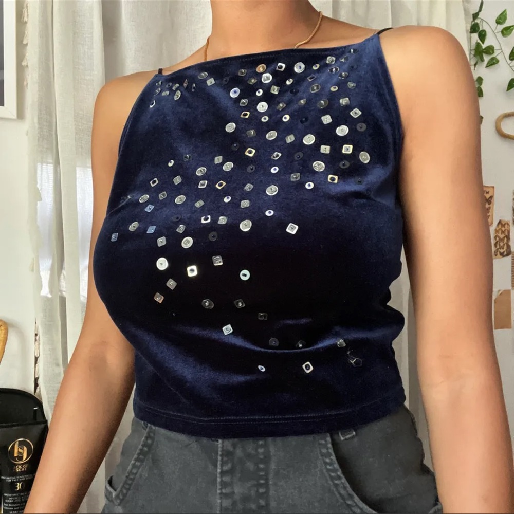 Navy bedazzled beaded velvet velour tank top ✨